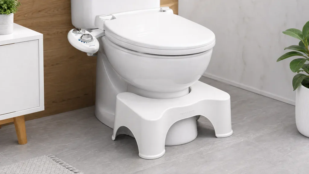 A bathroom setup featuring a toilet with a bidet attachment and a white Squatty Potty stool at the base.