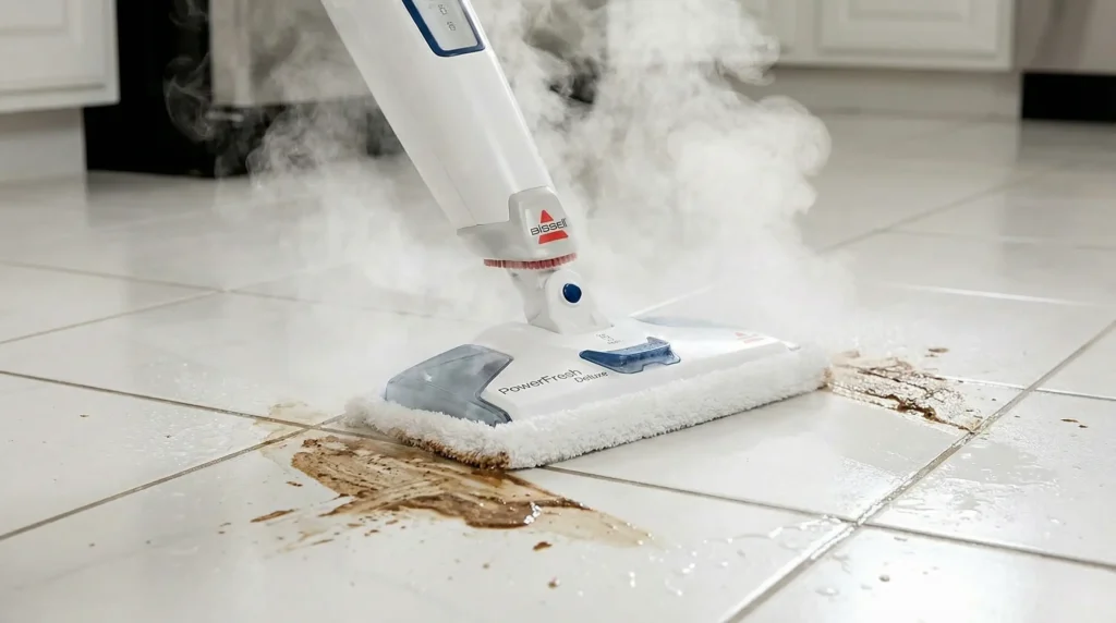 Bissell 1806 PowerFresh Deluxe Steam Mop effortlessly removing tough stains on a kitchen tile floor.