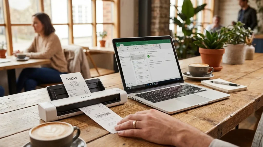 The Brother DS-640 Compact Mobile Document Scanner, a small, USB-powered device perfect for scanning receipts and documents while traveling.