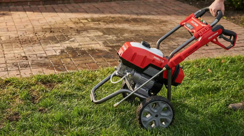 The CRAFTSMAN 2400 MAX PSI electric pressure washer with its 10-inch wheels easily moving across a grassy lawn.