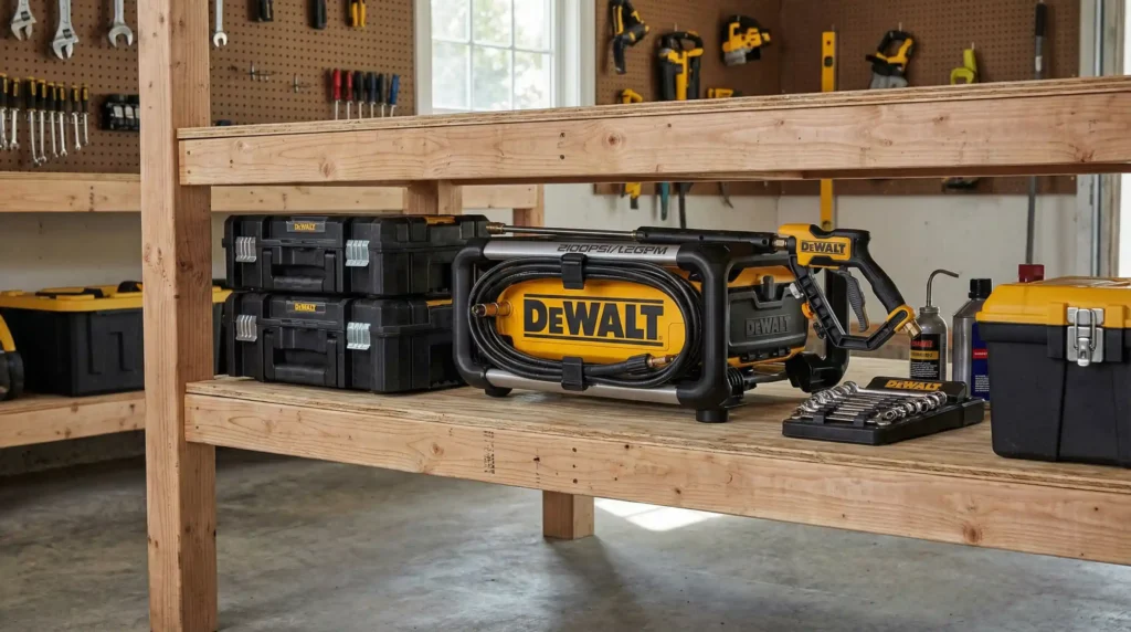 The DEWALT DWPW2100 pressure washer stored compactly in a horizontal position on a garage shelf, showing off its storage flexibility.
