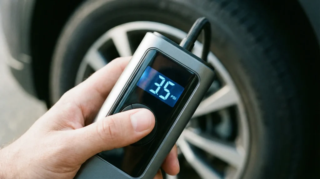 A close-up of a digital tire inflator's screen showing a preset pressure of 35 PSI, highlighting the device's accuracy and auto-shutoff feature.