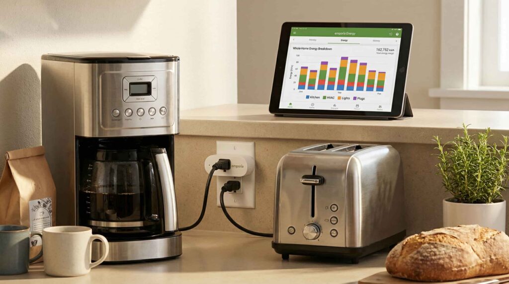 Emporia Smart Plugs used in a kitchen to track appliance energy usage as part of a whole-home energy management system.