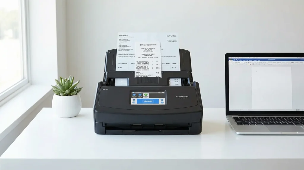 The Fujitsu ScanSnap iX1600, a top-rated document scanner for small businesses and home offices, shown in a clean desk setup.