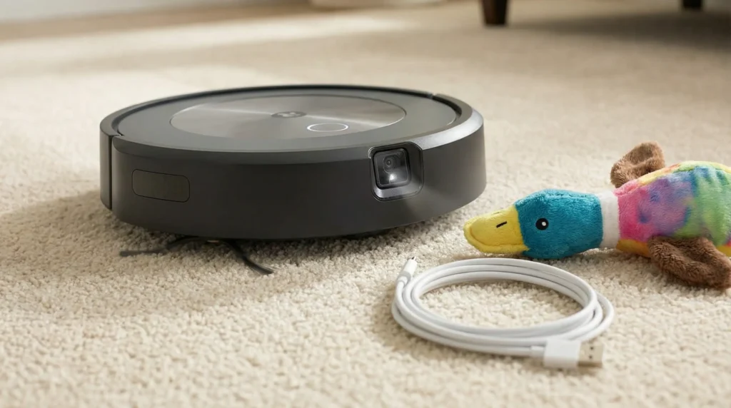 An iRobot Roomba j7+ avoiding obstacles on a carpet, featuring dual multi-surface rubber brushes ideal for pet hair.
