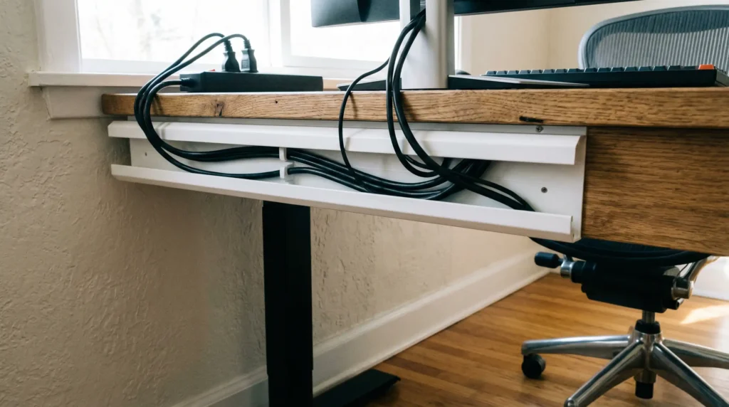 The SimpleCord J Channel Cable Raceway Kit mounted on a wall under a desk, neatly organizing multiple computer cables.