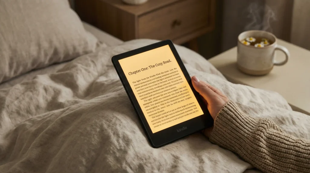 The 7-inch Kindle Paperwhite (2024) with warm light enabled, positioned for a relaxing night of reading.