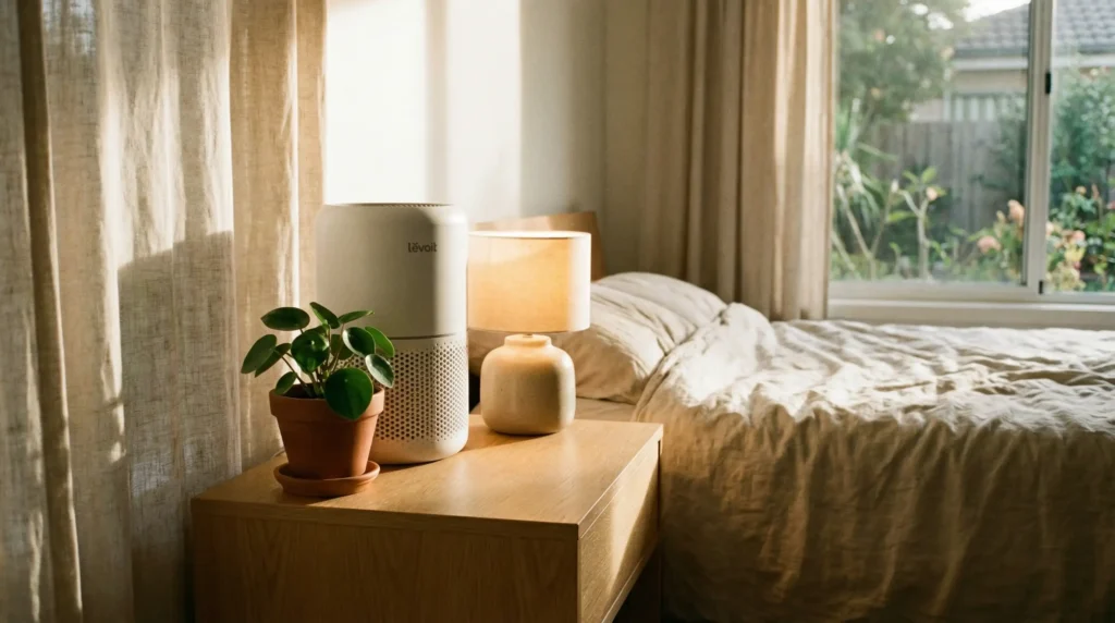 Levoit Core 300 air purifier on a bedroom nightstand, ideal for small spaces and allergy relief.