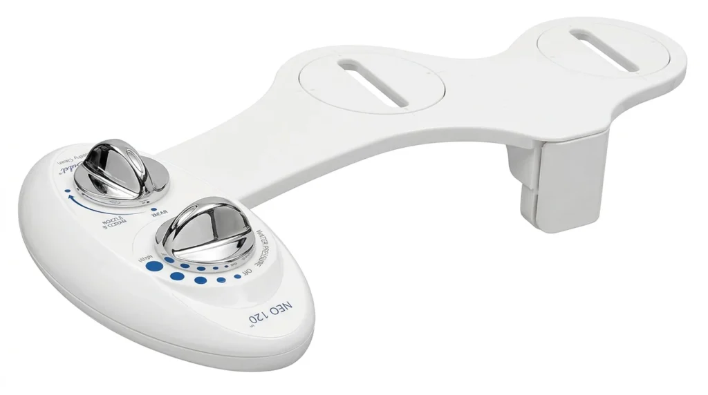 The Luxe Bidet NEO 120 self-cleaning bidet attachment, showing its white body and chrome-plated water pressure control dial.