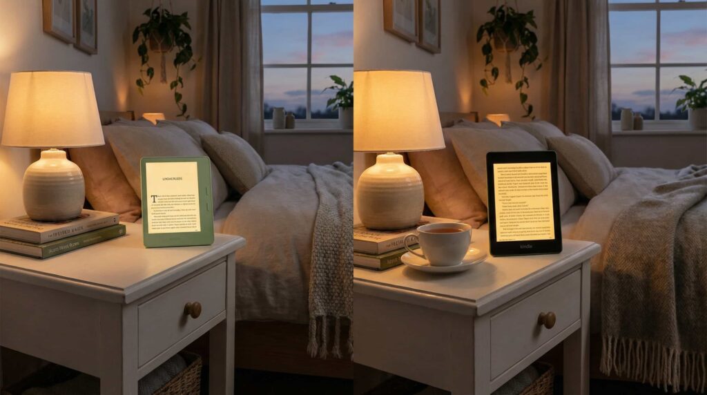 Kindle Paperwhite vs Basic Kindle: A visual comparison of the new 2024 models for bedtime reading.