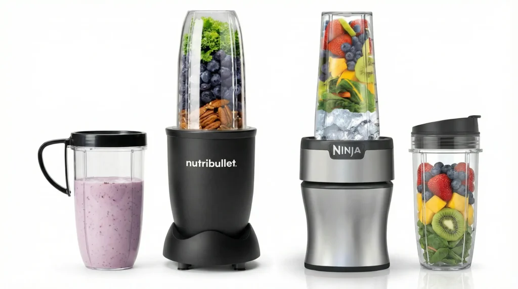 Nutribullet vs Ninja comparison showing the Nutribullet Pro 900 and Ninja Nutri-Blender Plus.