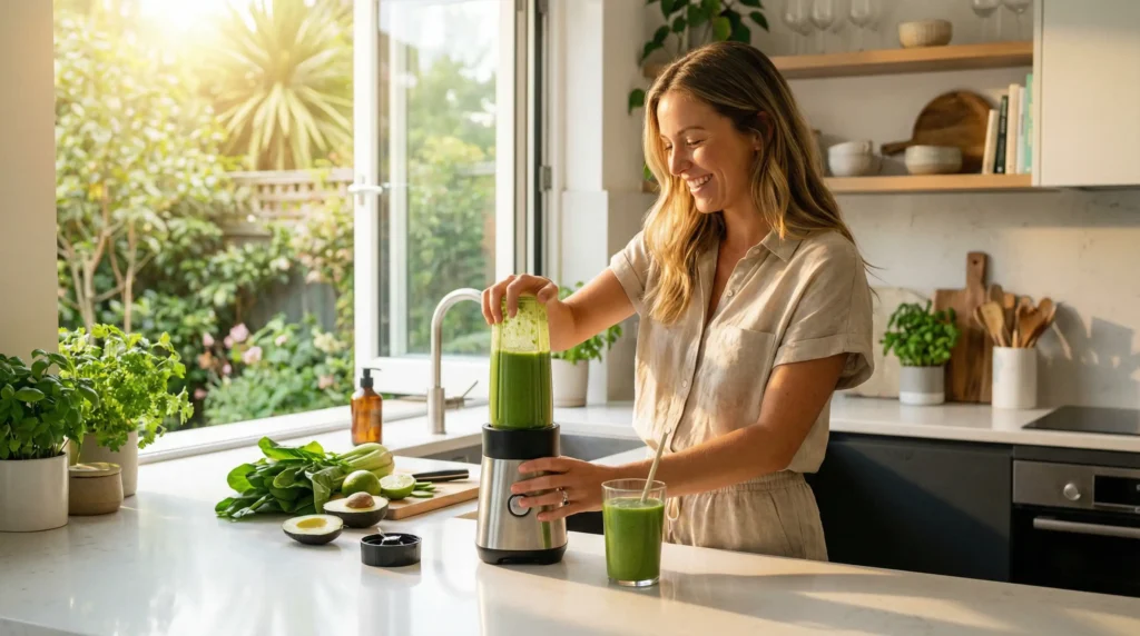 A person in a sunny kitchen making a healthy morning smoothie with a personal blender.