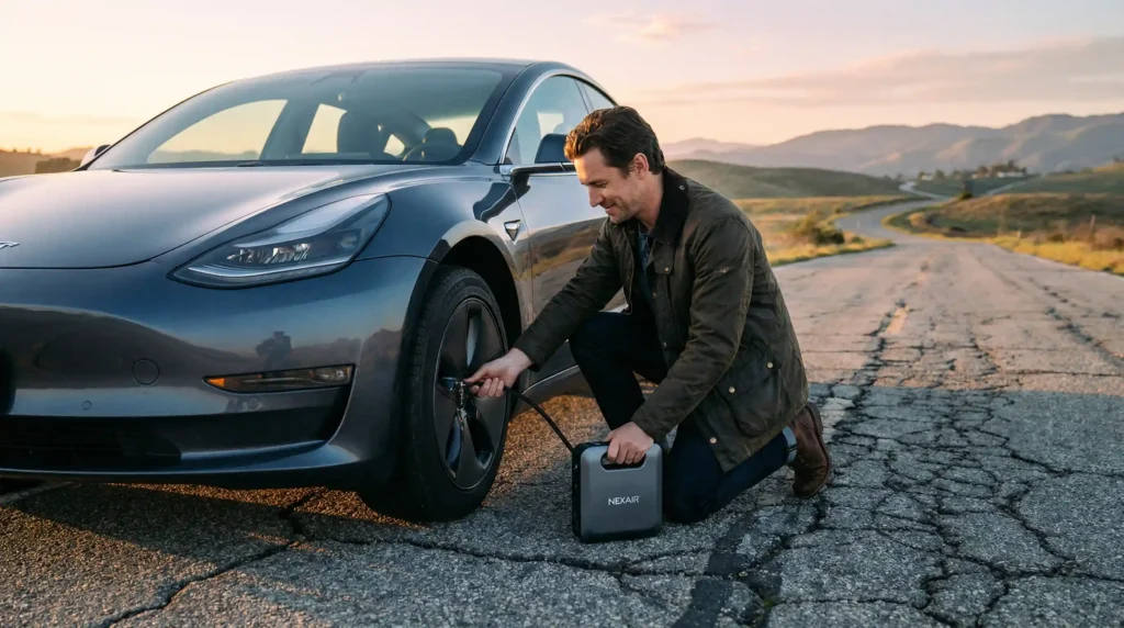 A driver uses a portable digital tire inflator to safely inflate their car tire on the side of a road damaged by winter potholes, demonstrating a sense of security.