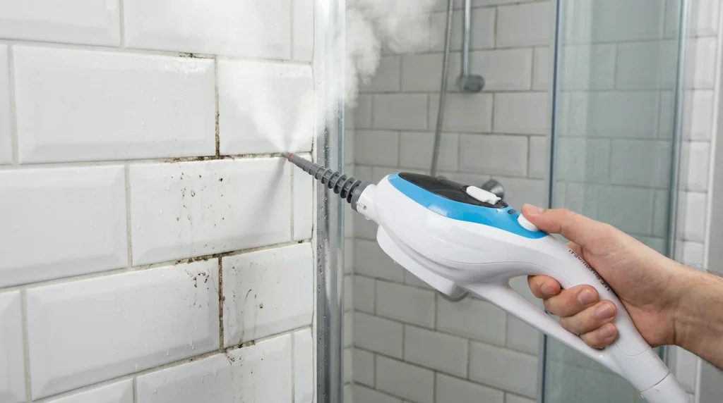 PurSteam 10-in-1 Steam Mop used in handheld mode to deep clean bathroom tile grout without chemicals.