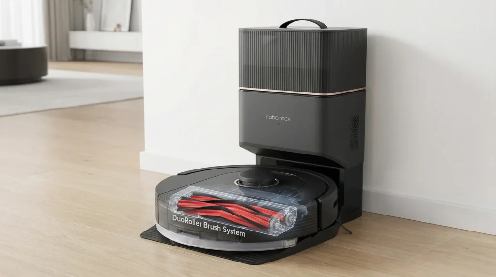 The Roborock Q5 Pro+ showing its DuoRoller Brush system designed to pull pet hair from carpets without tangling.