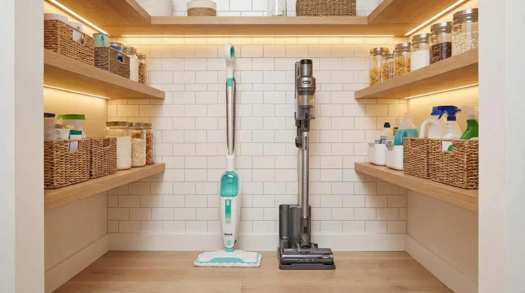 Shark S1000 lightweight steam mop stored easily in a minimalist home pantry.