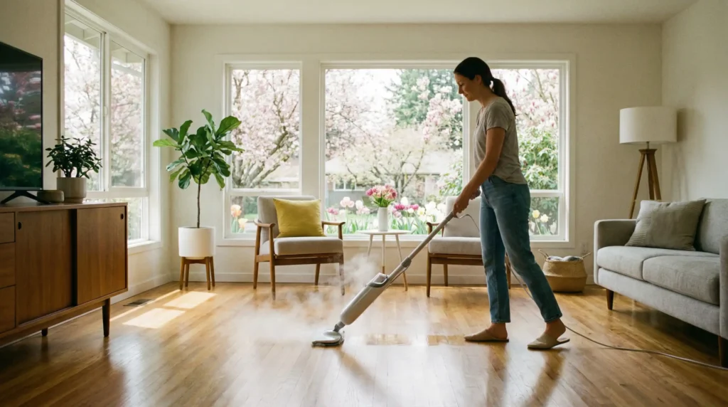 A woman using a modern steam mop, highlighting the benefits in the steam mop vs traditional mop debate for spring cleaning.