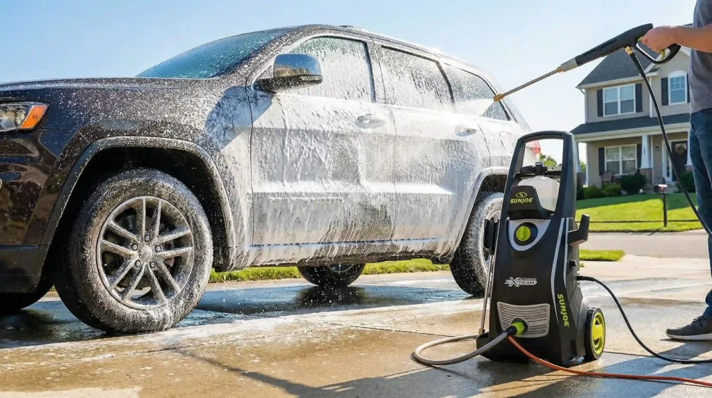 The Sun Joe SPX3000-XT1 XTREAM electric pressure washer being used to cover a car in soap foam for a deep clean.