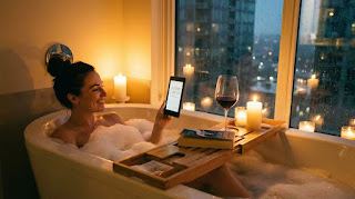 Waterproof Kindle Paperwhite being used in a bathtub for relaxation.
