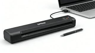 Epson WorkForce ES-50 portable document scanner next to a pen to demonstrate its compact size.