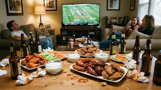 Super Bowl party snack table setup with buffalo wings, dips, and beer for game day watching.
