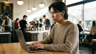 Loop Quiet earplugs worn by a focused remote worker.