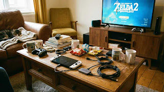 Portable Switch 2 dock setup connected to TV for travel gaming.