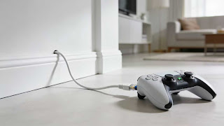 Flat white ethernet cable hiding along baseboard for lag-free gaming setup.