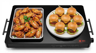 Chefman electric warming tray keeping wings and sliders hot for Super Bowl party.