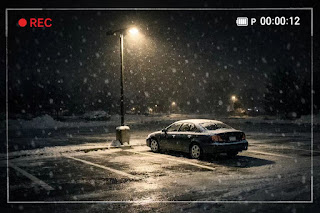 Car dash cam recording in parking mode during winter night.