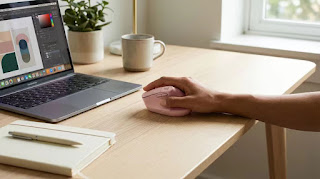 The Logitech Lift Vertical Ergonomic Mouse shown on a desk, highlighting its comfortable design for small to medium hands.