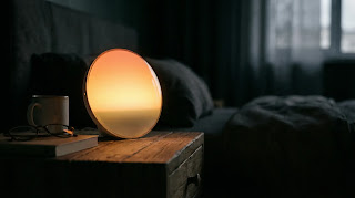 Philips SmartSleep Wake-up Light simulating sunrise on a bedside table.
