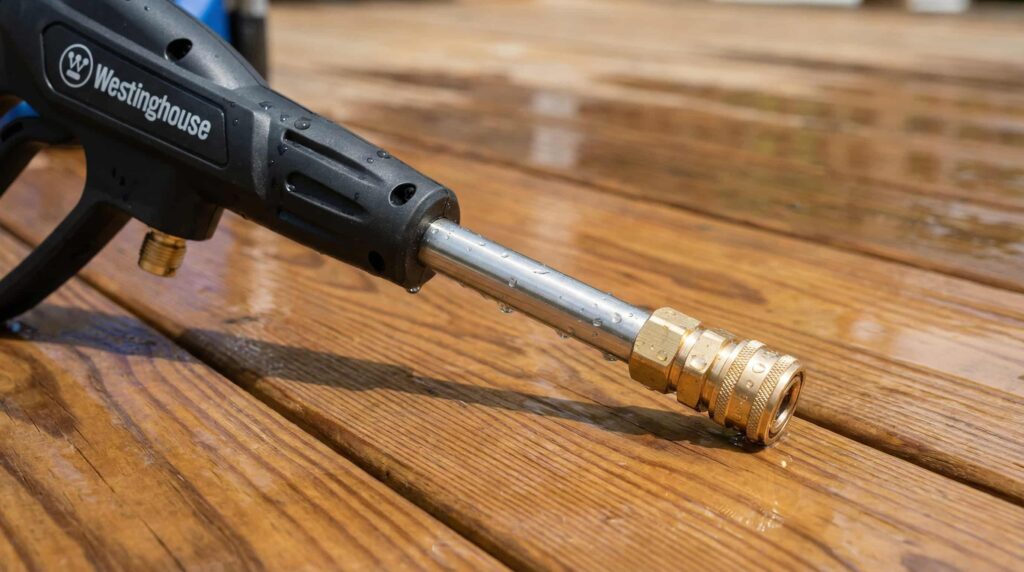 A close-up shot of the Westinghouse ePX3100v pro-style steel wand and brass quick-connect nozzle.