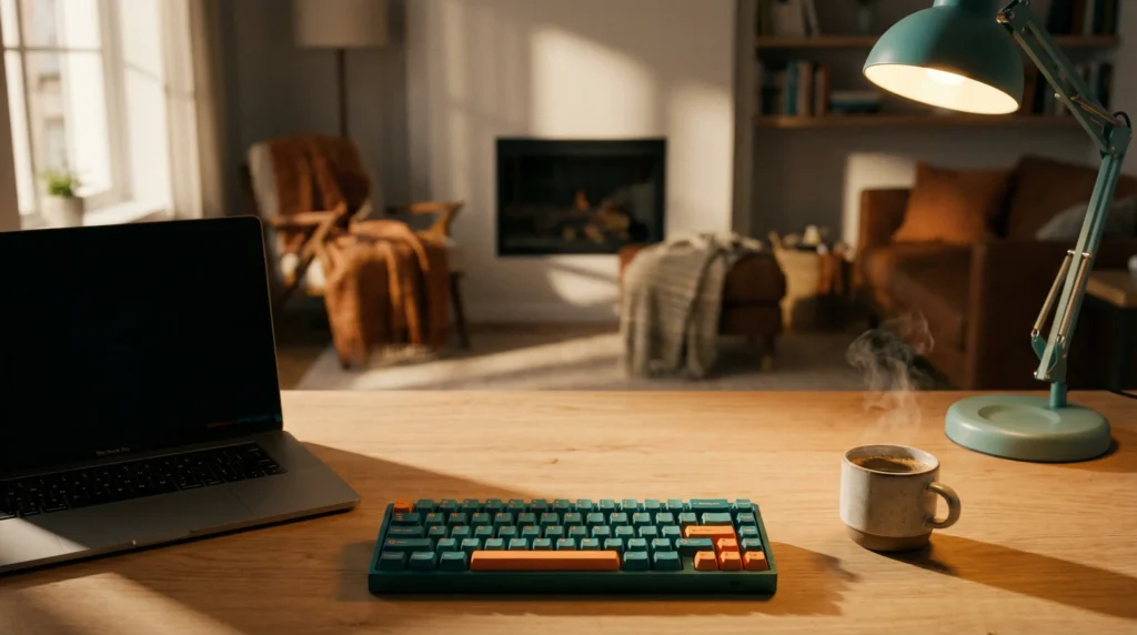 Cozy modern desk setup with mechanical keyboard and laptop for tech blog background