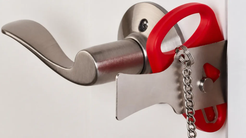 Addalock portable door lock secured inside an inward-swinging rental door frame