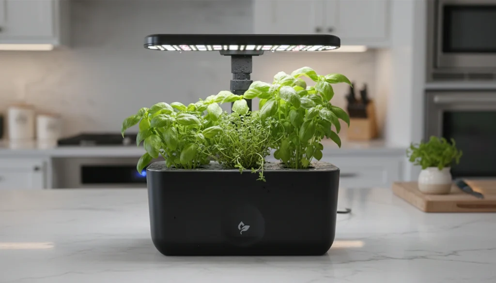 Black AeroGarden Harvest 2.0 on a marble countertop growing fresh herbs.