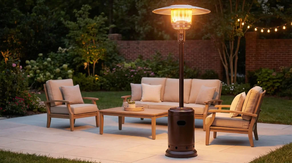 The popular Amazon Basics 46,000 BTU Outdoor Propane Patio Heater with wheels, shown in a residential backyard setting.