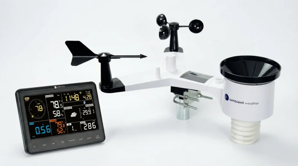 The Ambient Weather WS-2902C WiFi Smart Weather Station, showing the full-color indoor display and the 10-in-1 outdoor sensor suite.