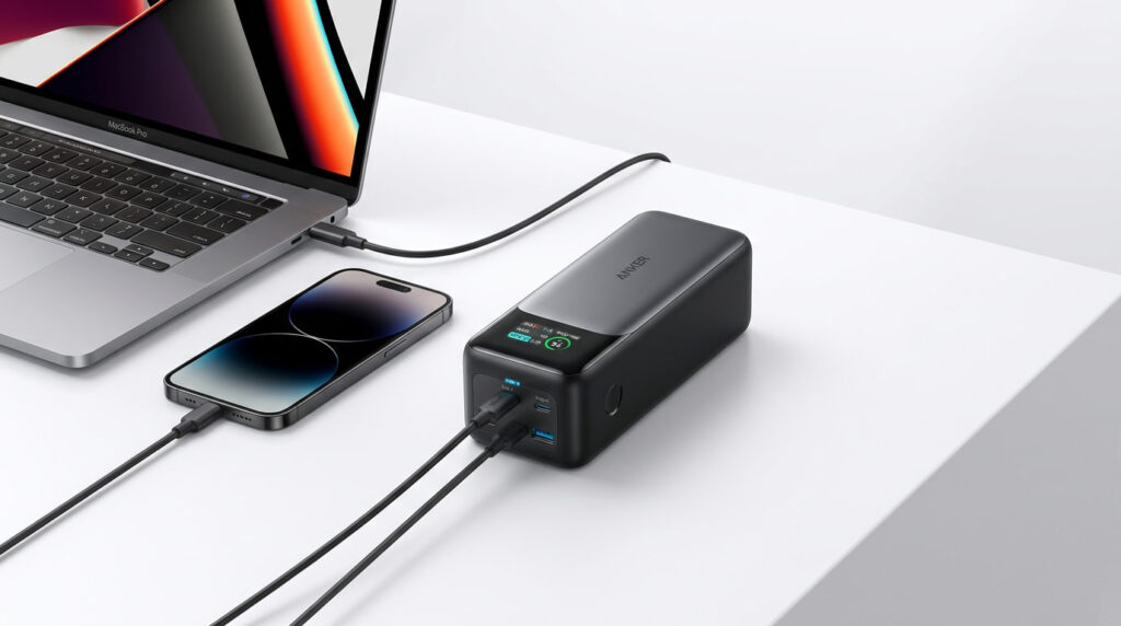 The Anker 737 Power Bank with its smart digital display, sitting on a minimalist desk and charging a laptop.
