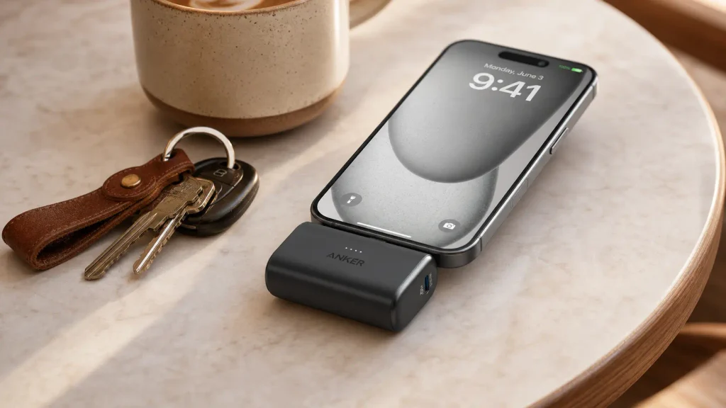 Anker Nano portable charger plugged directly into the base of a smartphone