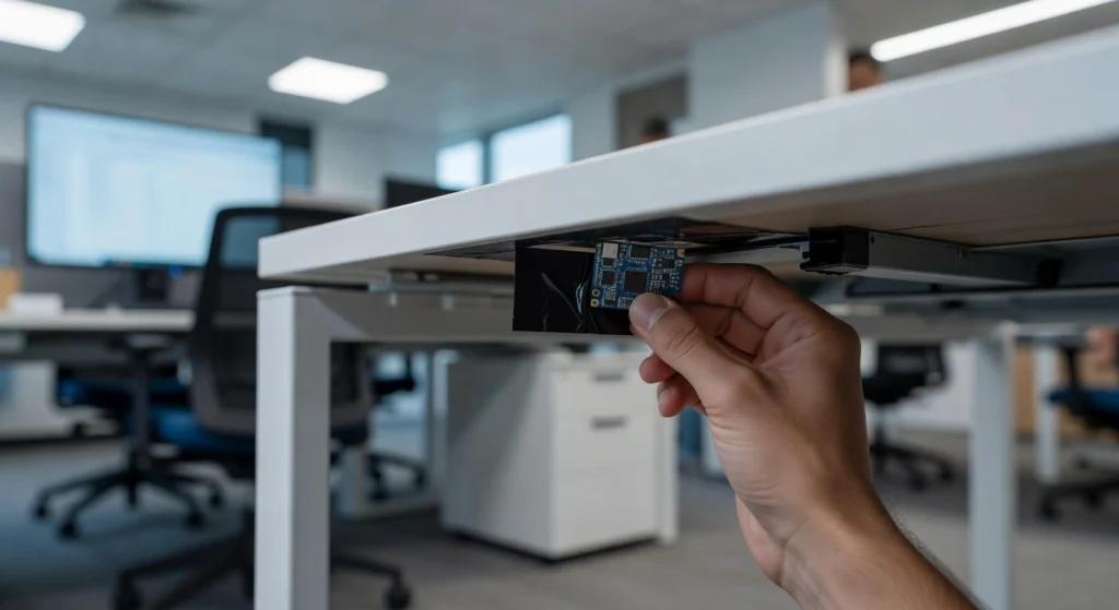 A small blue Annoying PCB prank gadget hidden underneath a white minimalist office desk to prank a coworker.