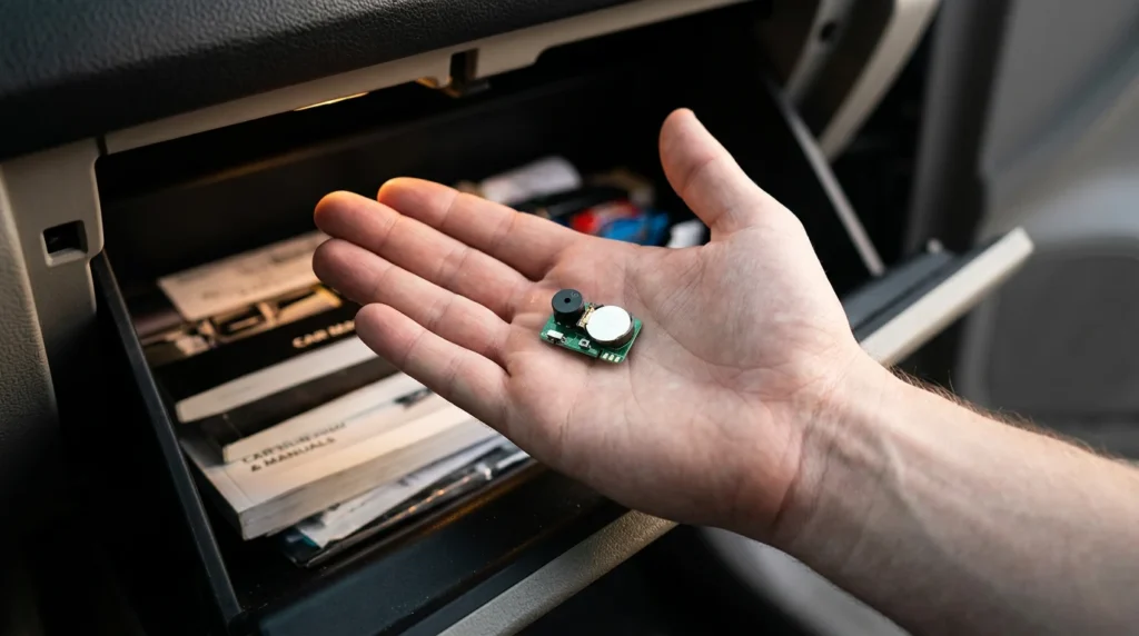 Hand holding the tiny AnnoyingPCB prank device over an open car glove box, demonstrating its small size.