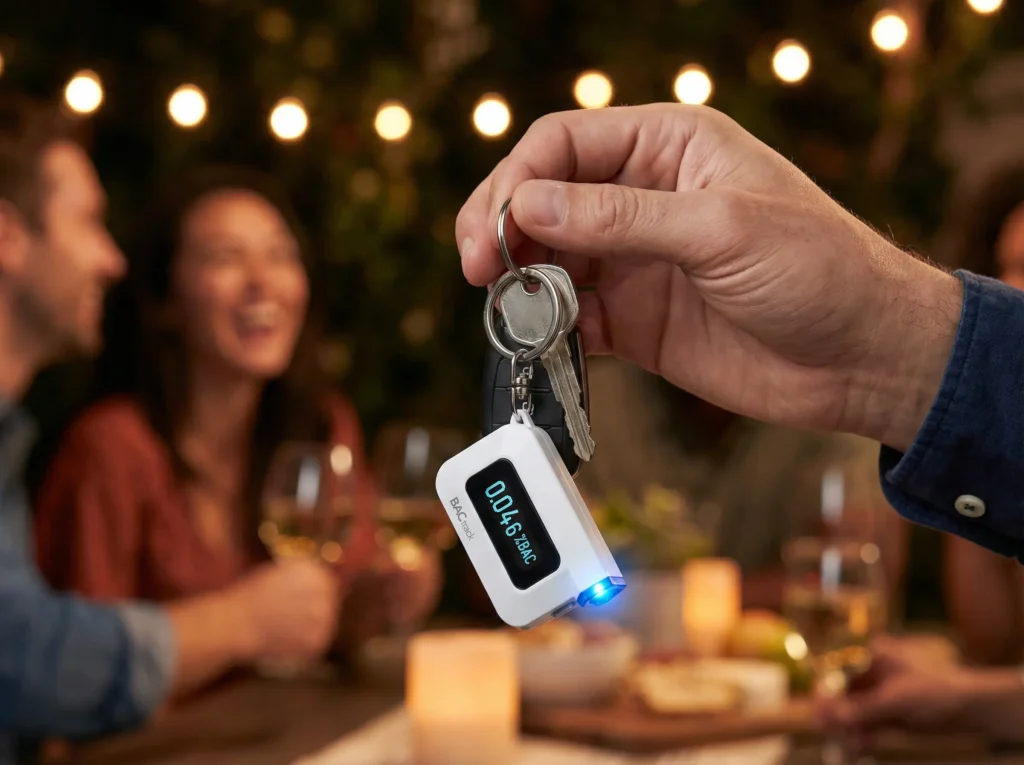 A close-up of the tiny BACtrack C6 Keychain breathalyzer attached to a set of car keys, highlighting its extreme portability.
