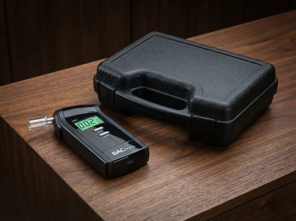The BACtrack S80 Pro professional-grade breathalyzer shown with its hard case, conveying top-tier accuracy and reliability.