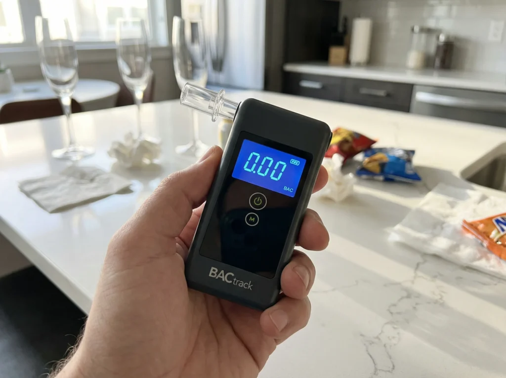 A person holding the BACtrack Trace Pro personal breathalyzer, showcasing its clear digital display for an accurate morning-after reading.