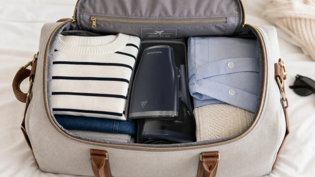Compact BEAUTURAL folding steamer tucked inside luggage