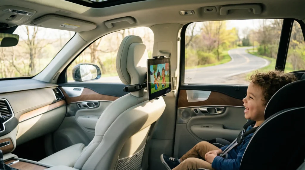 A child watching a movie on an iPad secured by a car headrest tablet mount during a family road trip.
