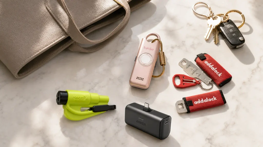 Best personal safety gadgets for women arranged neatly next to daily everyday carry essentials on a tabletop