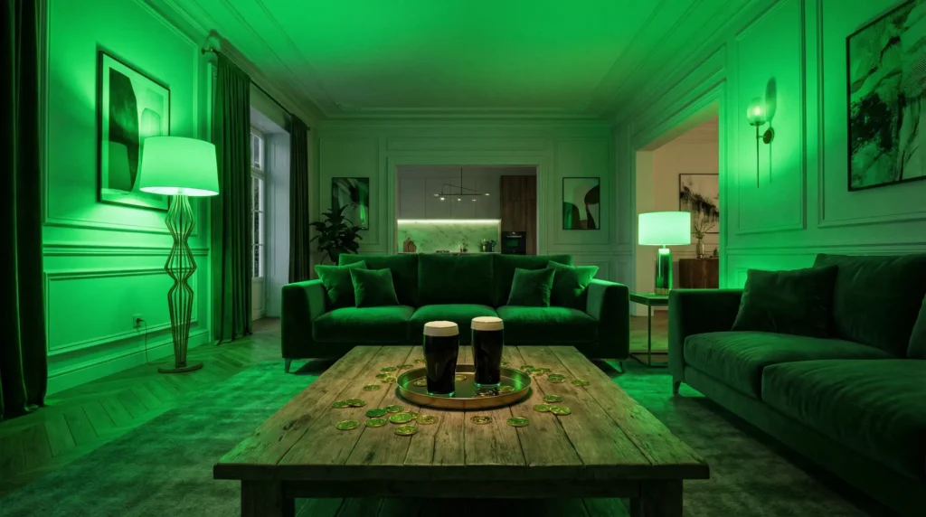 Modern living room decorated for a St. Patrick's Day party illuminated by vibrant green smart LED lighting