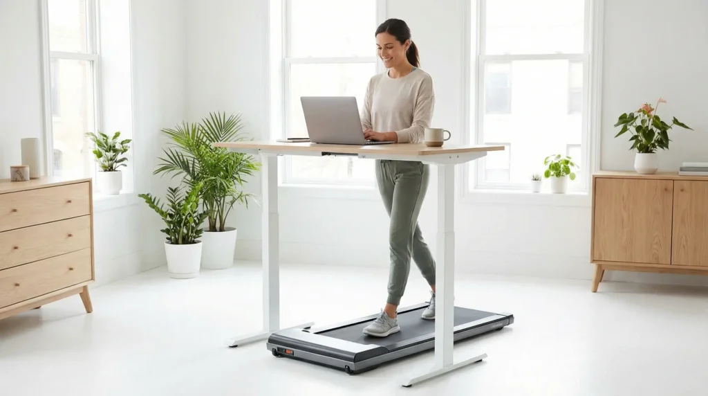 A professional using the best walking pad for home office setups